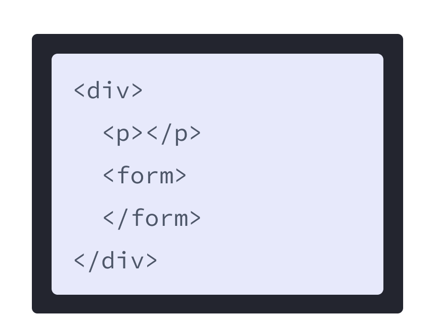 HTML разметка на фиолетовом фоне с тегом div и двумя дочерними тегами: p и form. 